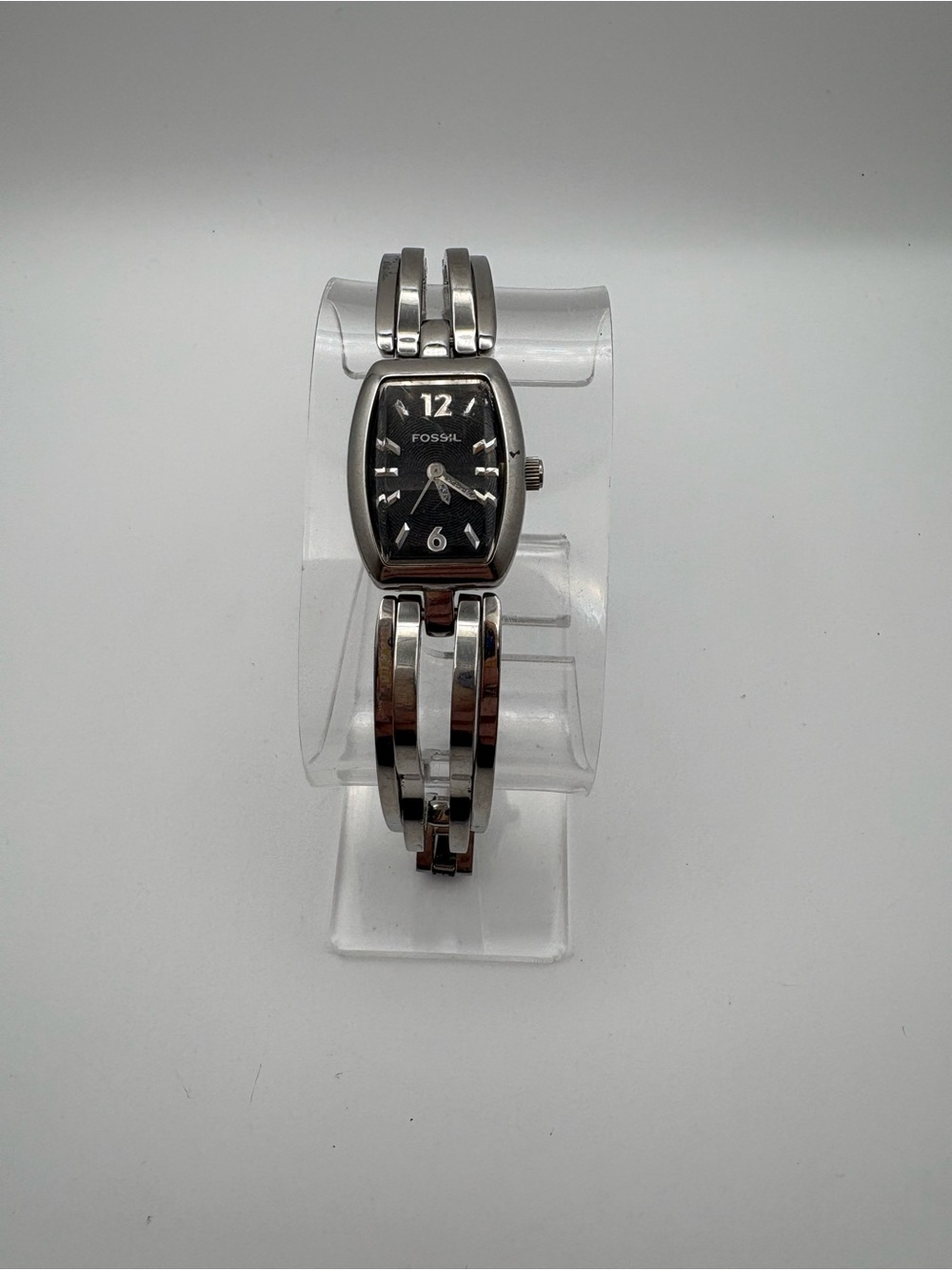 Fossil Vintage Silver-Tone Bracelet Watch with Black Dial ES-2013 Tested Works
